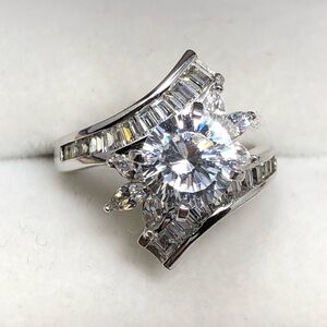White Cubic Zirconia Ring Sz 6 Rhodium Over Sterling Silver Baguette Engagement